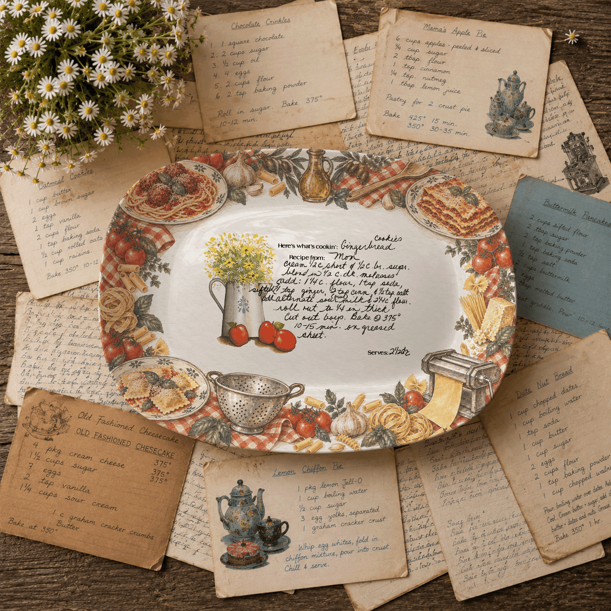 Handwritten Recipe Platter with Vintage Italian Food Border