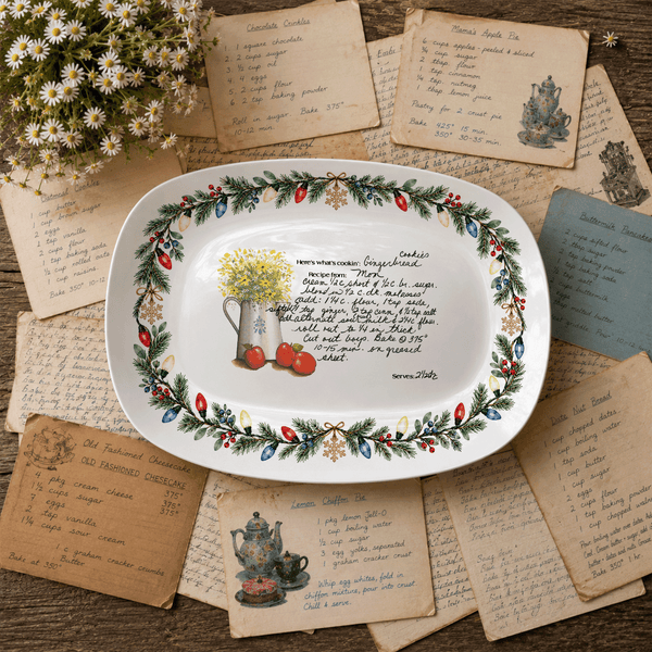 Handwritten Recipe Platter with Christmas Lights Border