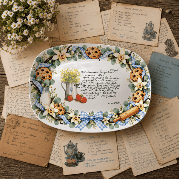 Handwritten Recipe Platter with Blue Bow Cookie Border