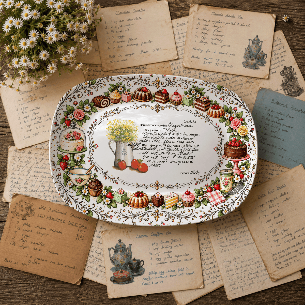 Handwritten Recipe Platter with Vintage Cake Border