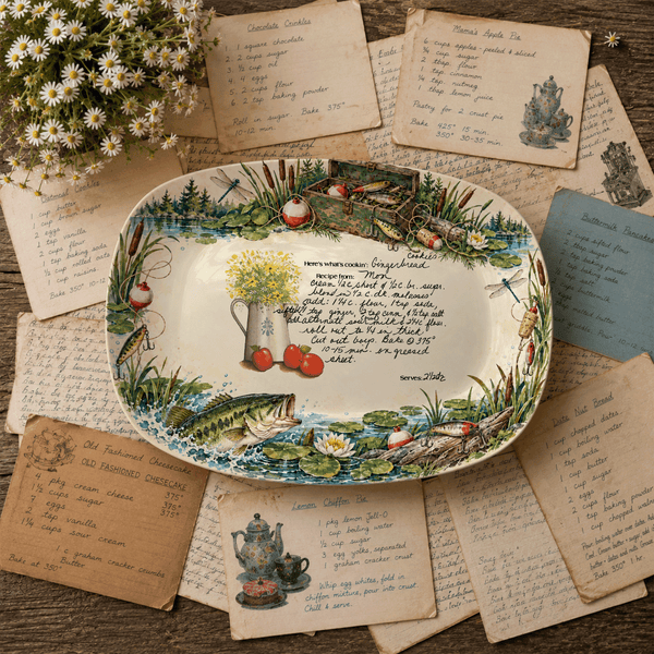 Handwritten Recipe Platter with Fishing Border