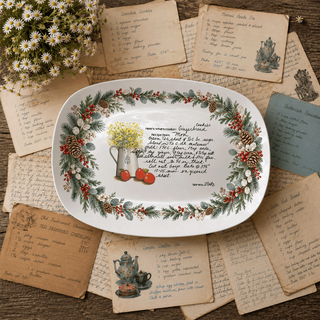 Handwritten Recipe Platter with Evergreen Pinecone & Berry Border