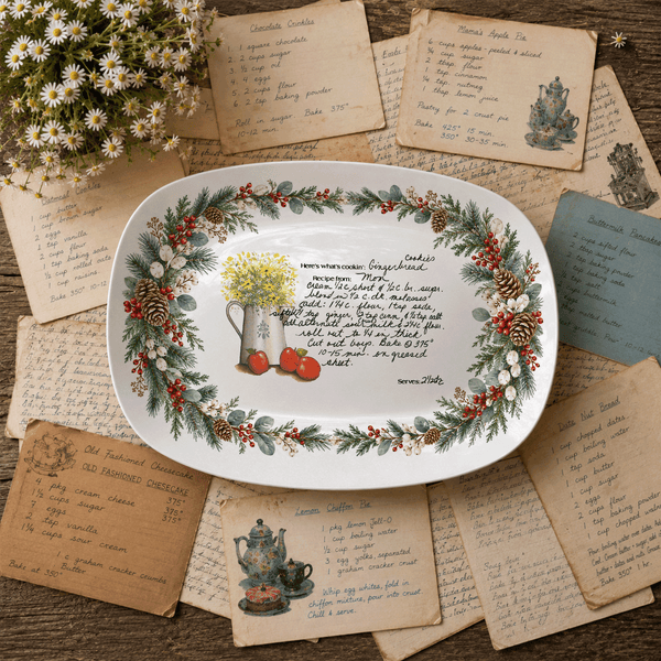 Handwritten Recipe Platter with Evergreen Pinecone & Berry Border