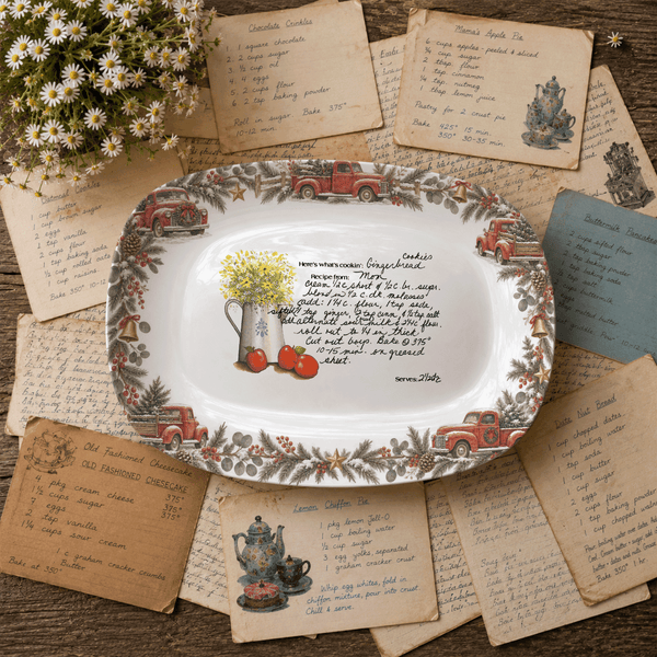Handwritten Recipe Platter with Vintage Red Truck and Wreath Border