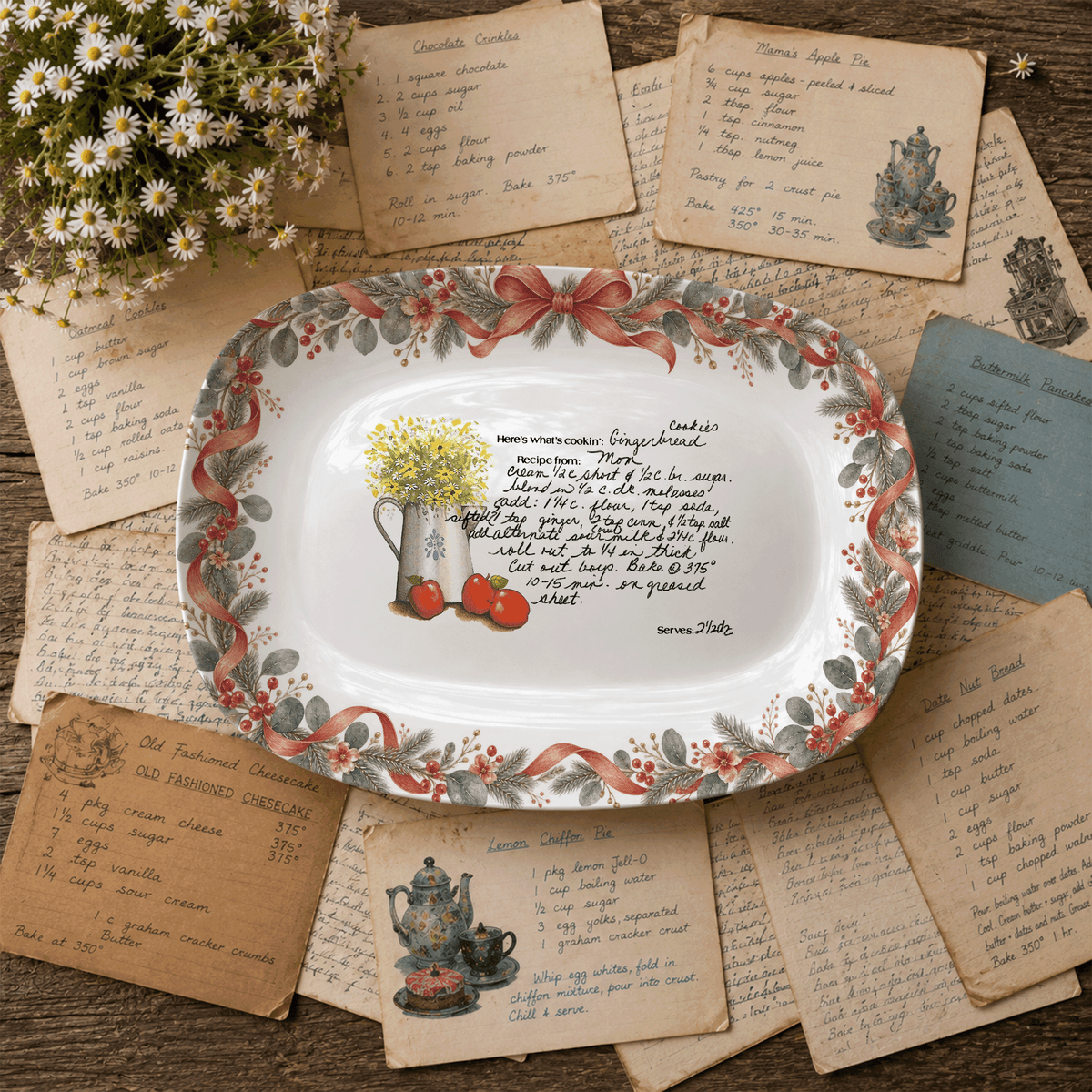 Handwritten Recipe Platter with Antique Red Bow Wreath Border