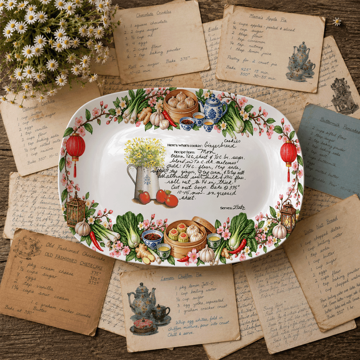 Handwritten Recipe Platter with Chinese Food Border