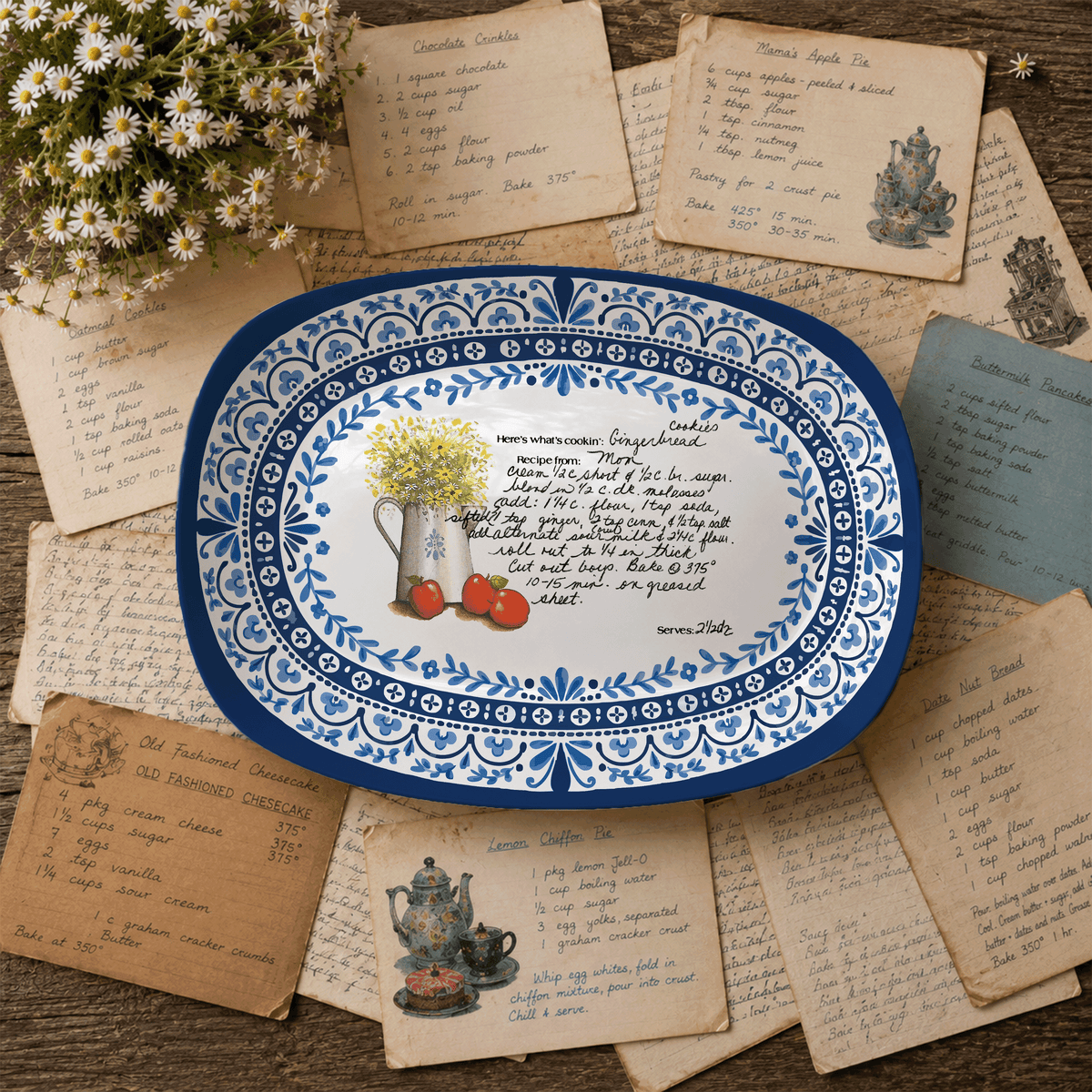 Handwritten Recipe Platter with Heritage Blue Border