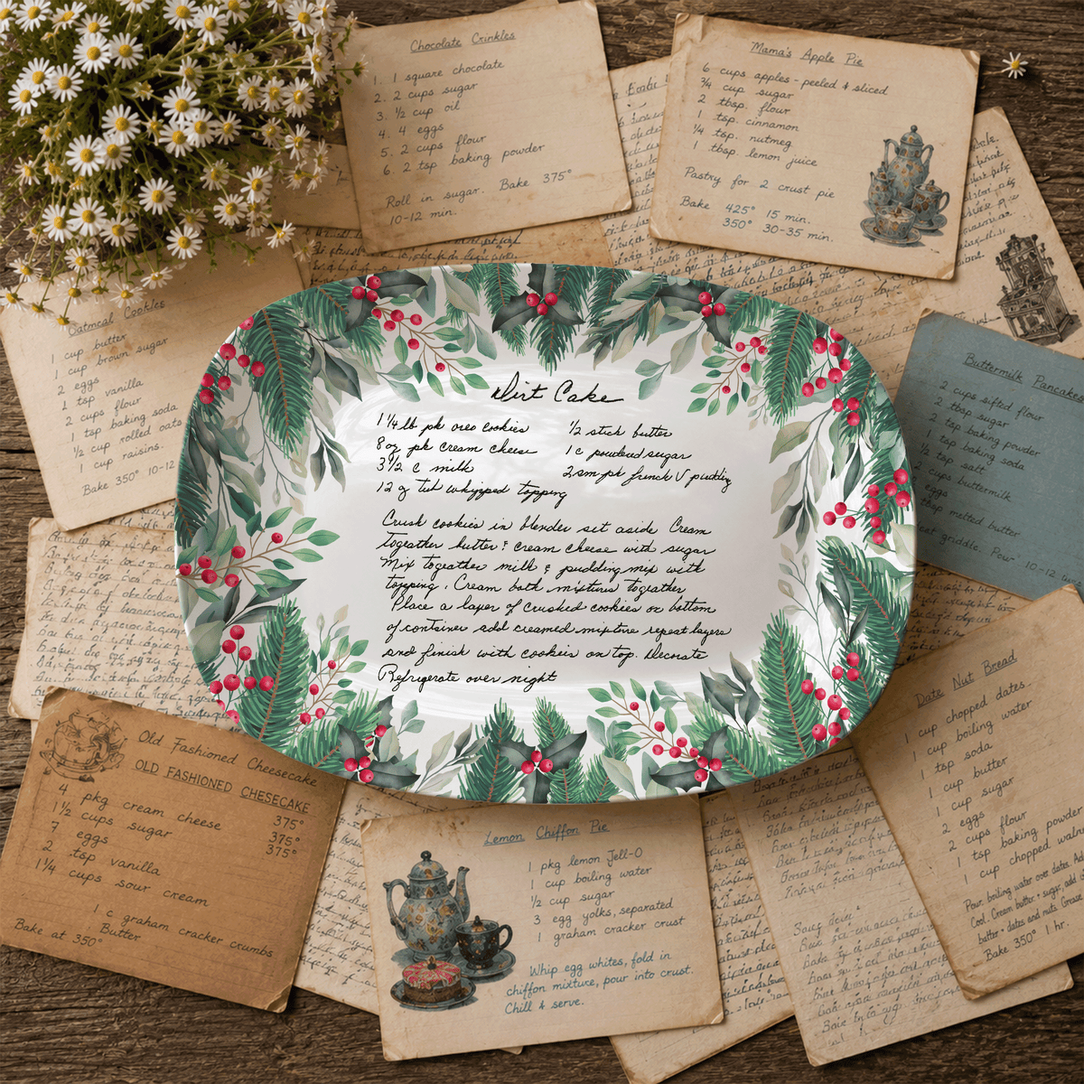 Handwritten Recipe Platter with Christmas Wreath Border