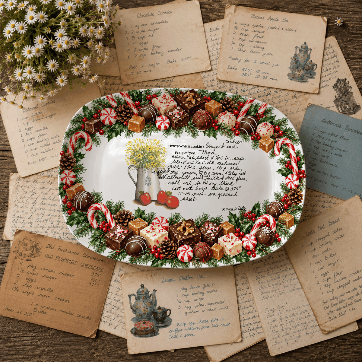 Handwritten Recipe Platter with Christmas Candy Border