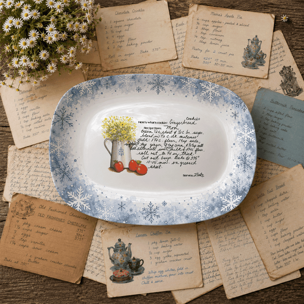 Handwritten Recipe Platter with Blue Snowflake Border