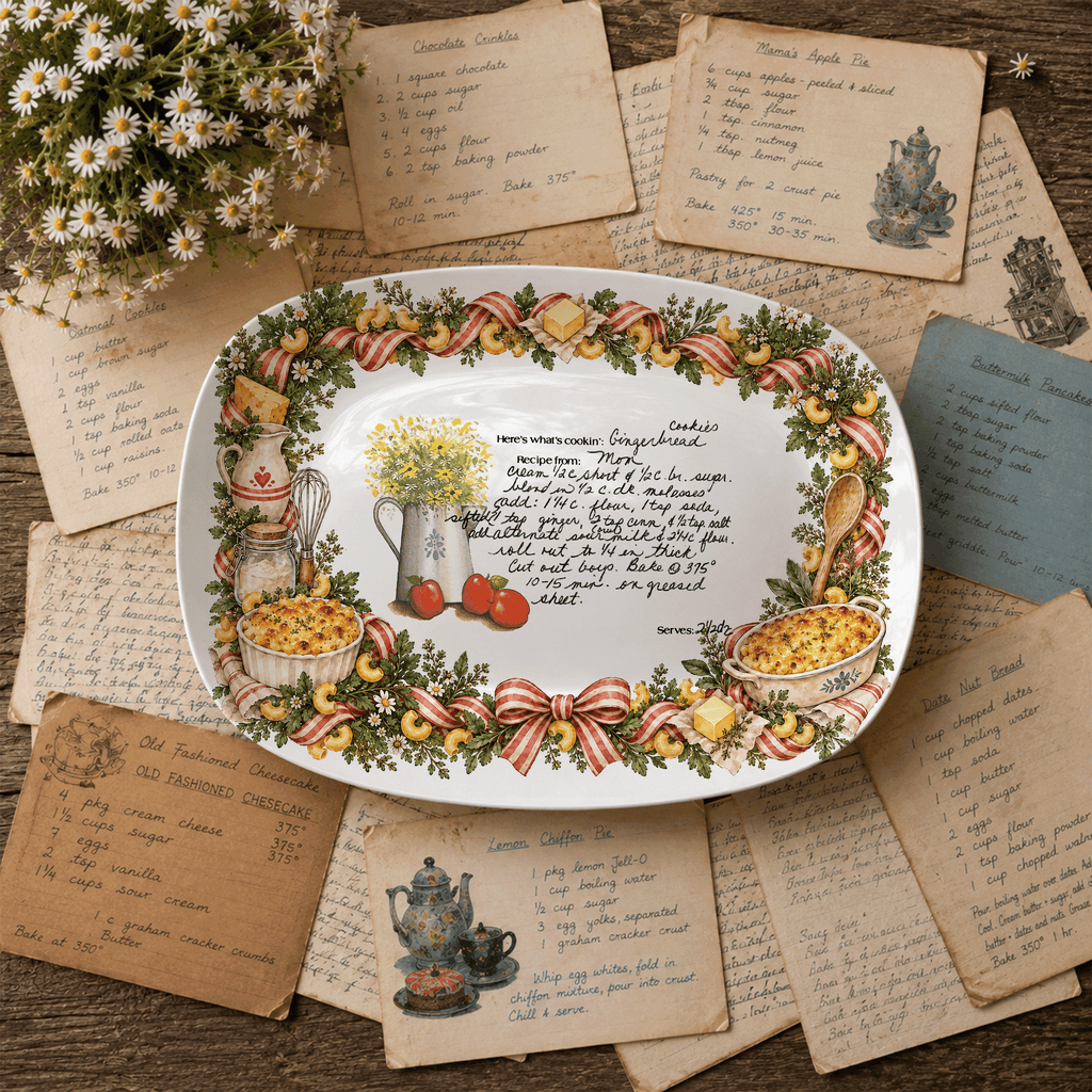 Handwritten Recipe Platter with Macaroni and Cheese Border