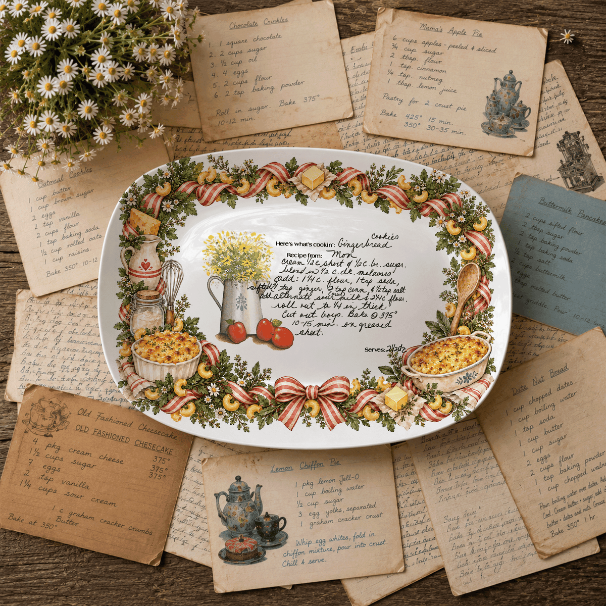 Handwritten Recipe Platter with Macaroni and Cheese Border