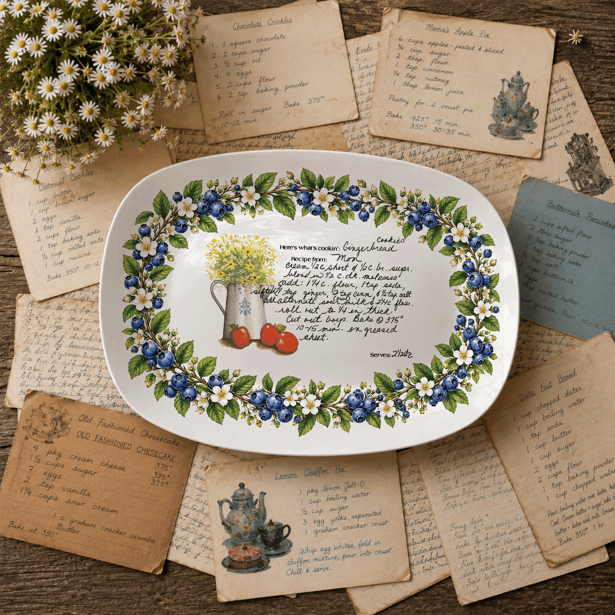 Handwritten Recipe Platter with Blueberry Border