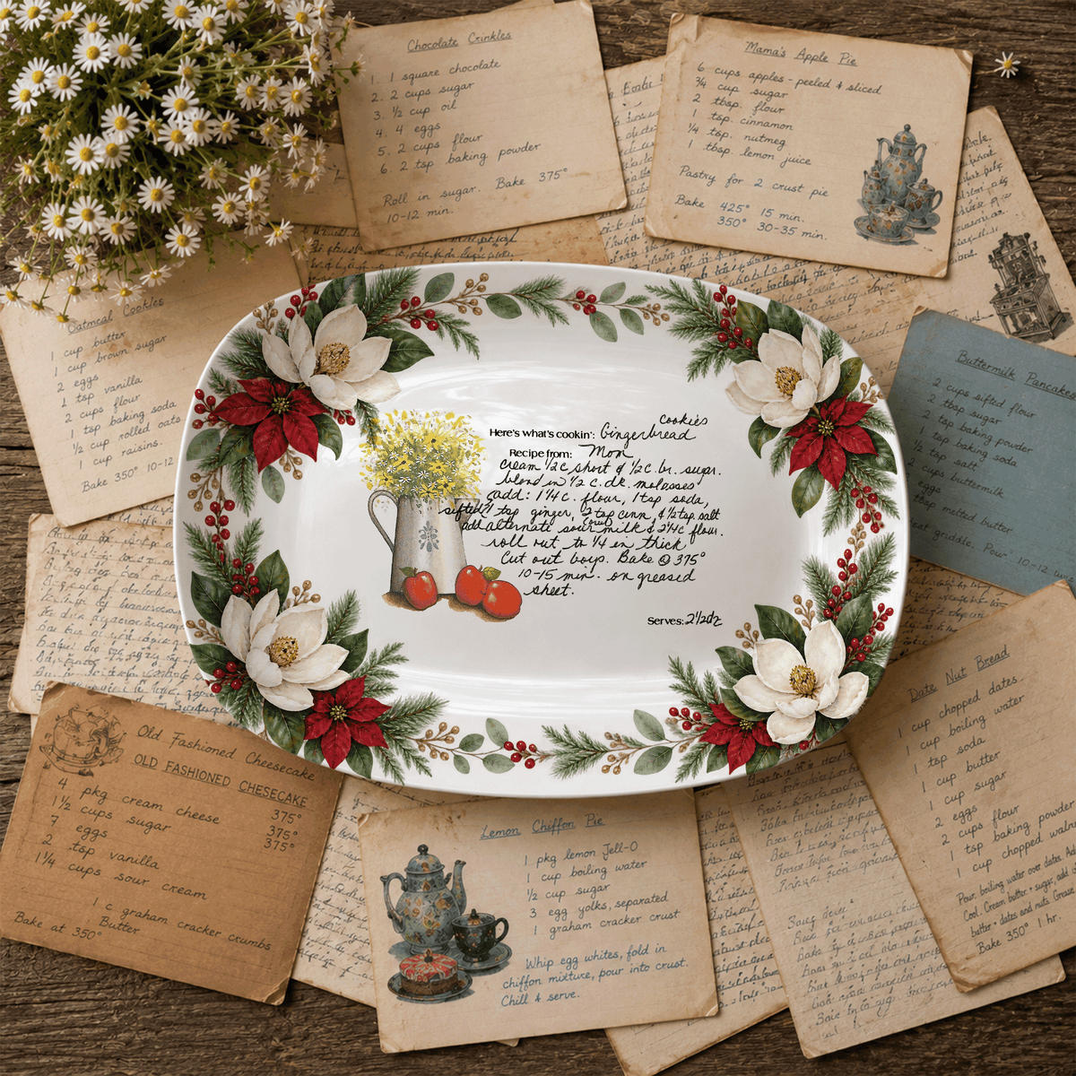 Handwritten Recipe Platter with Southern Holiday Magnolia Border