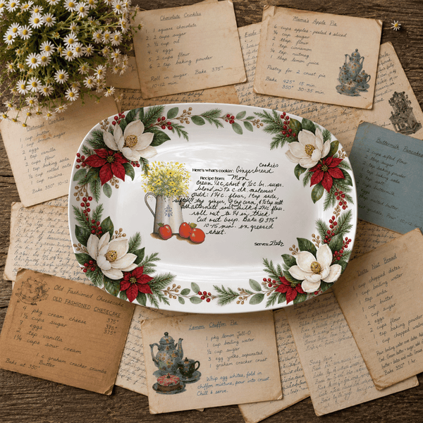 Handwritten Recipe Platter with Southern Holiday Magnolia Border