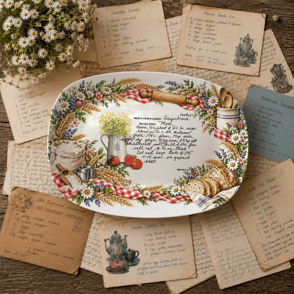 Handwritten Recipe Platter with Bread and Wildflower Border