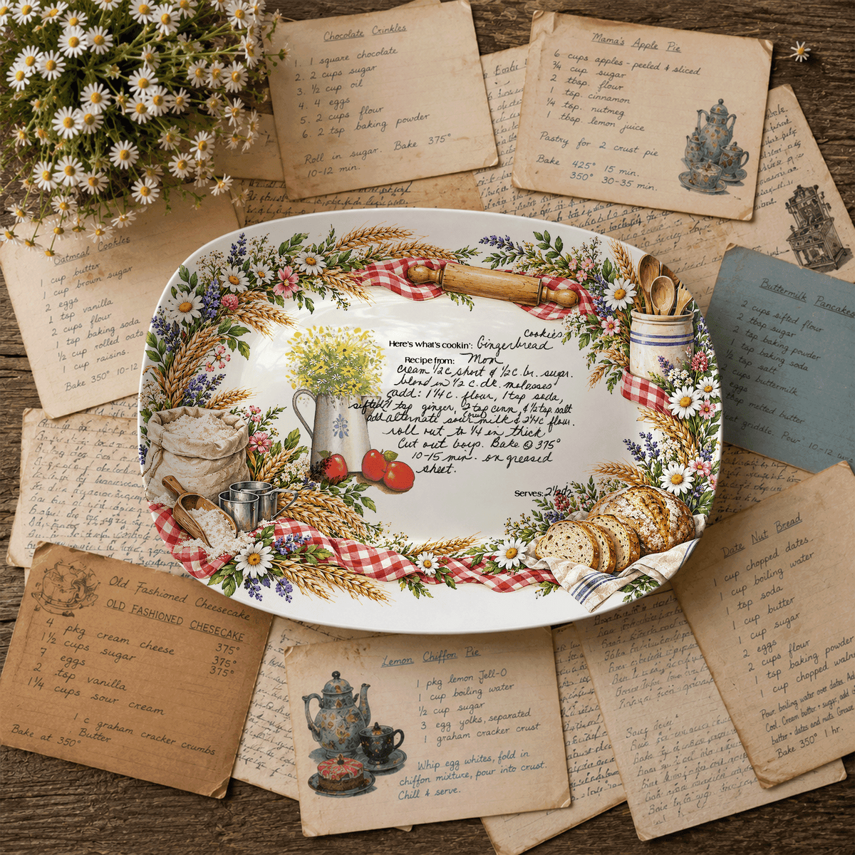 Handwritten Recipe Platter with Bread and Wildflower Border