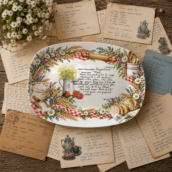 Handwritten Recipe Platter with Bread and Wildflower Border