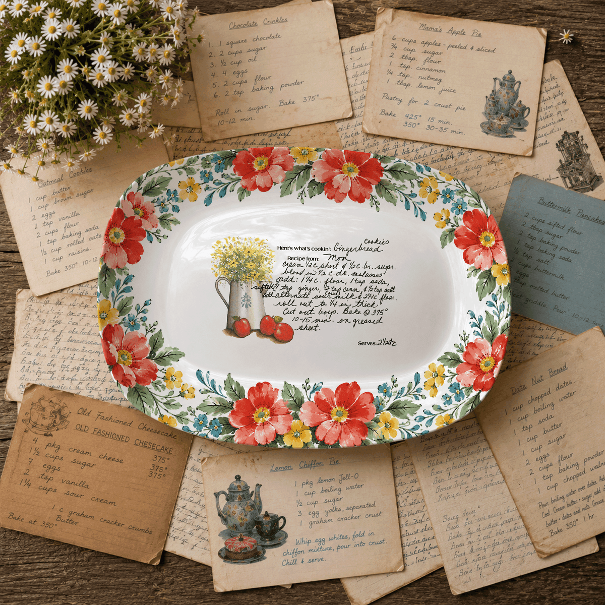 Handwritten Recipe Platter with Red and Teal Watercolor Flower Border