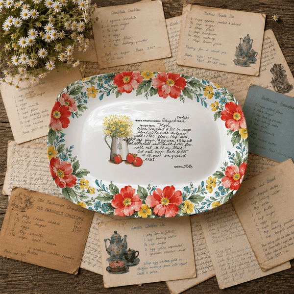 Handwritten Recipe Platter with Red and Teal Watercolor Flower Border