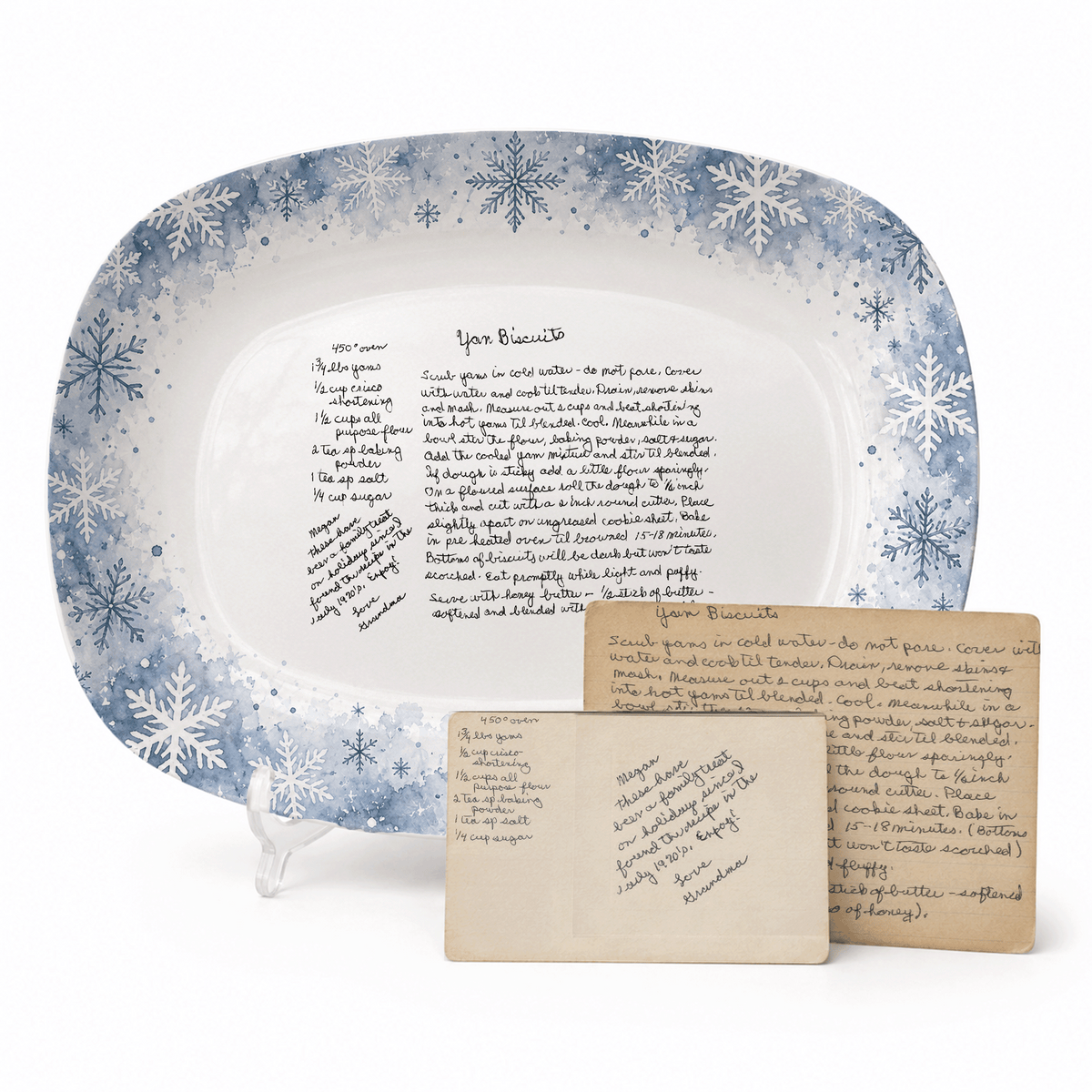 Handwritten Recipe Platter with Blue Snowflake Border