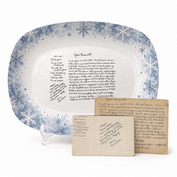 Handwritten Recipe Platter with Blue Snowflake Border