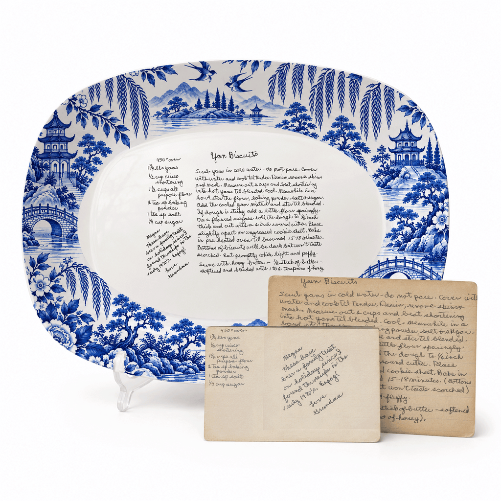 Handwritten Recipe Platter with Antique Blue Willow Border