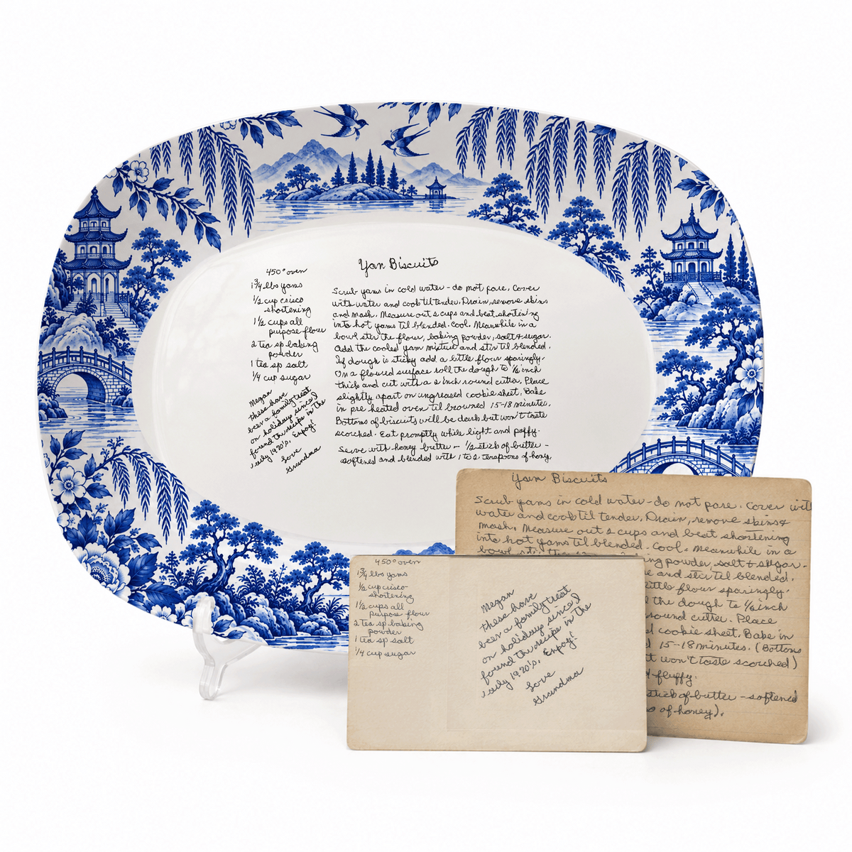 Handwritten Recipe Platter with Antique Blue Willow Border
