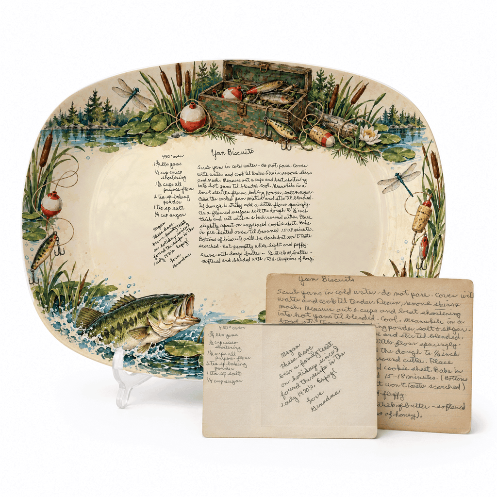 Handwritten Recipe Platter with Fishing Border