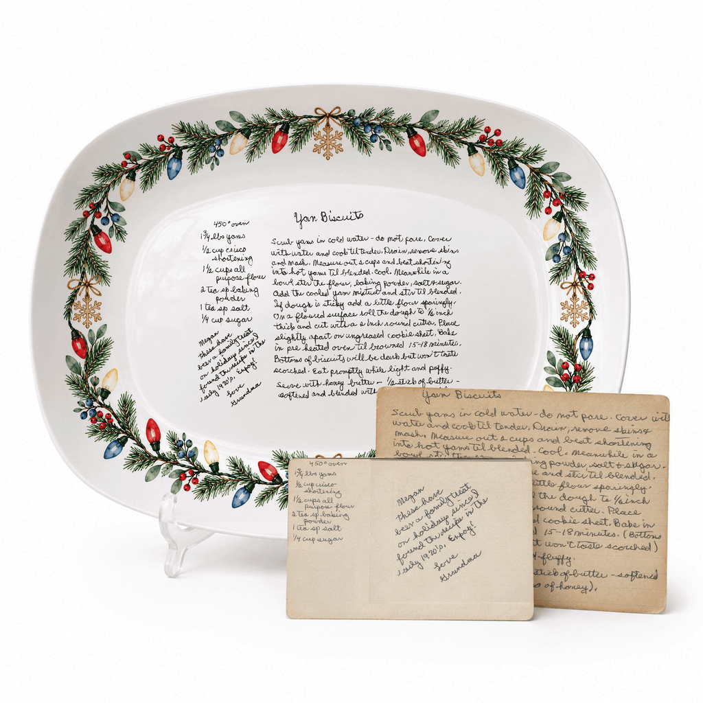 Handwritten Recipe Platter with Christmas Lights Border