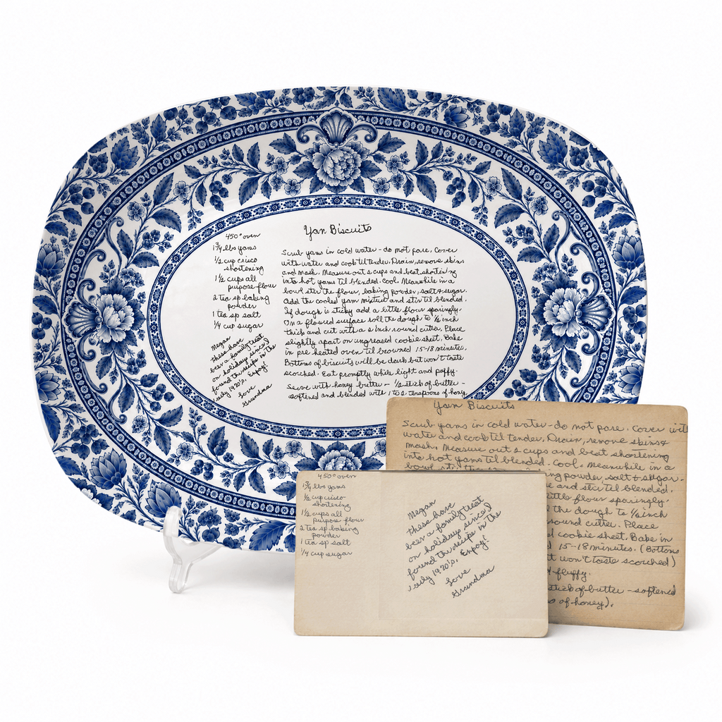 Handwritten Recipe Platter with Blue Antique Botanical Border