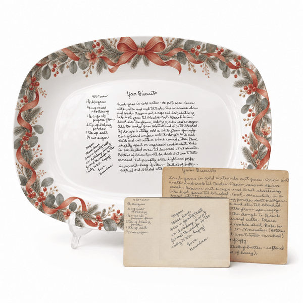 Handwritten Recipe Platter with Antique Red Bow Wreath Border