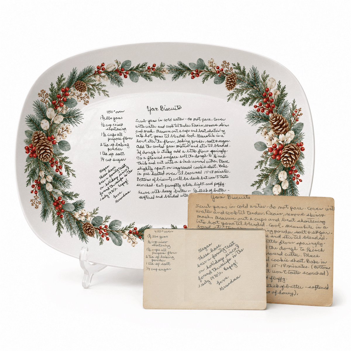 Handwritten Recipe Platter with Evergreen Pinecone & Berry Border