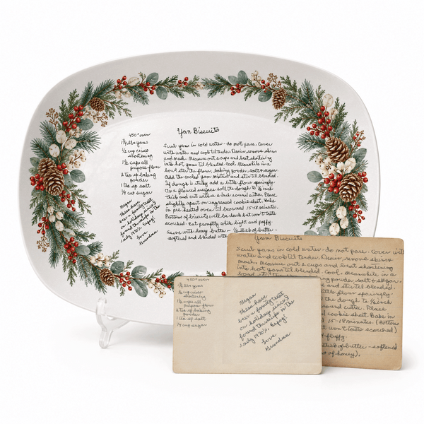 Handwritten Recipe Platter with Evergreen Pinecone & Berry Border