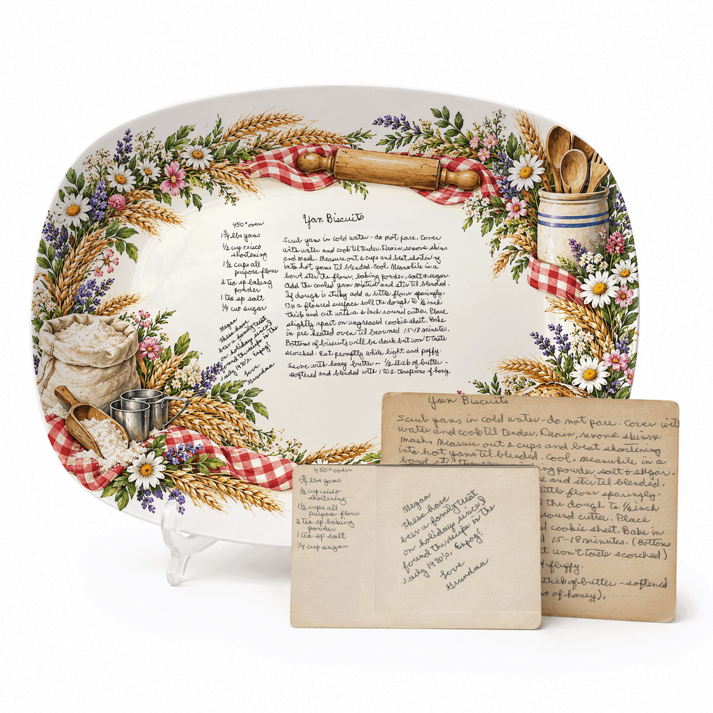 Handwritten Recipe Platter with Bread and Wildflower Border