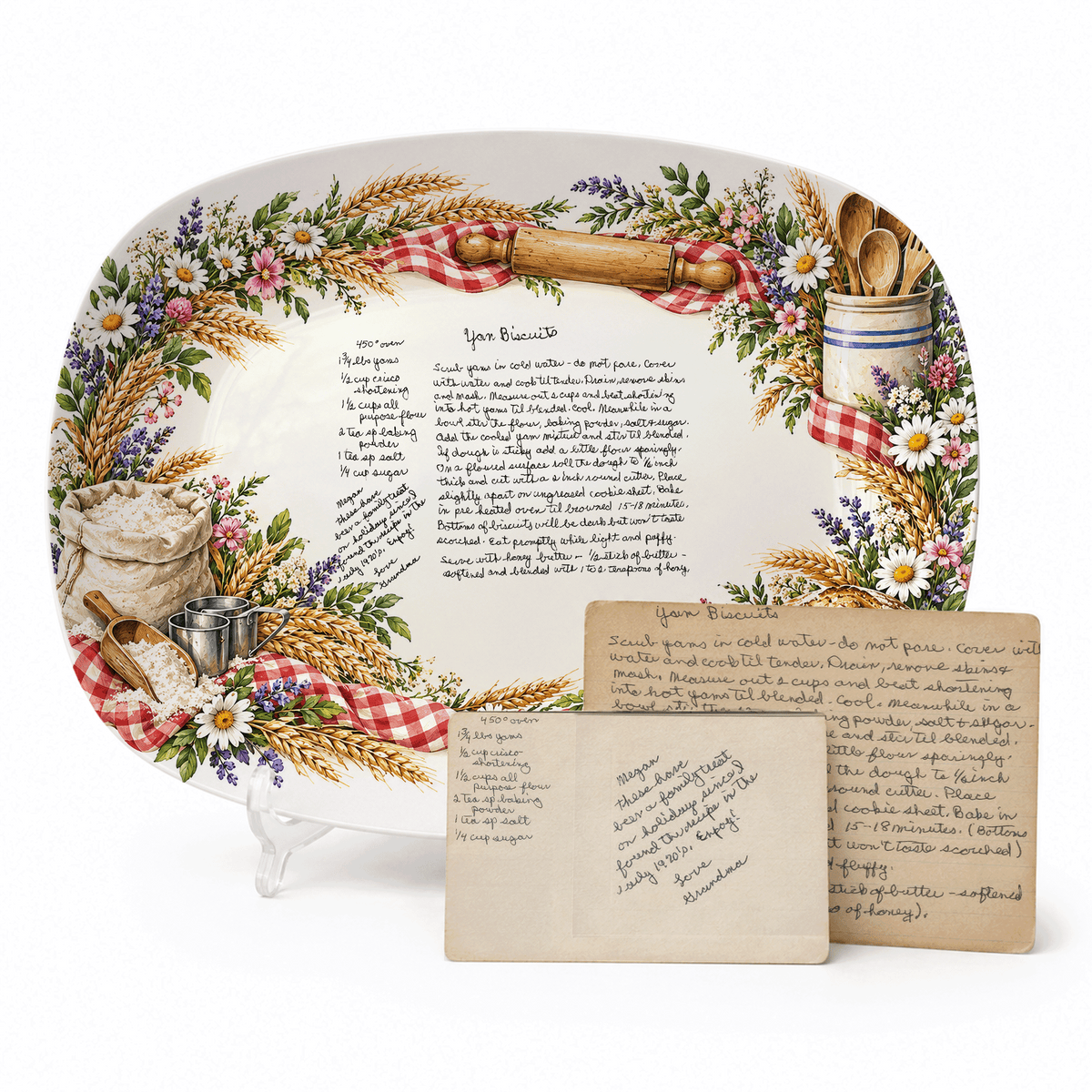 Handwritten Recipe Platter with Bread and Wildflower Border