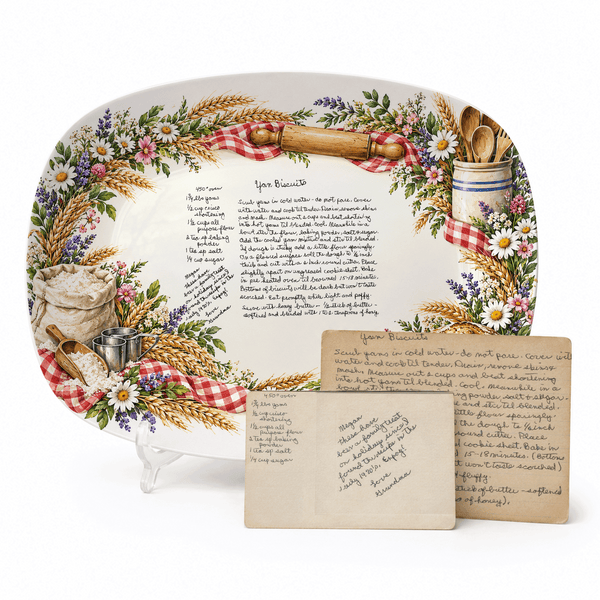 Handwritten Recipe Platter with Bread and Wildflower Border