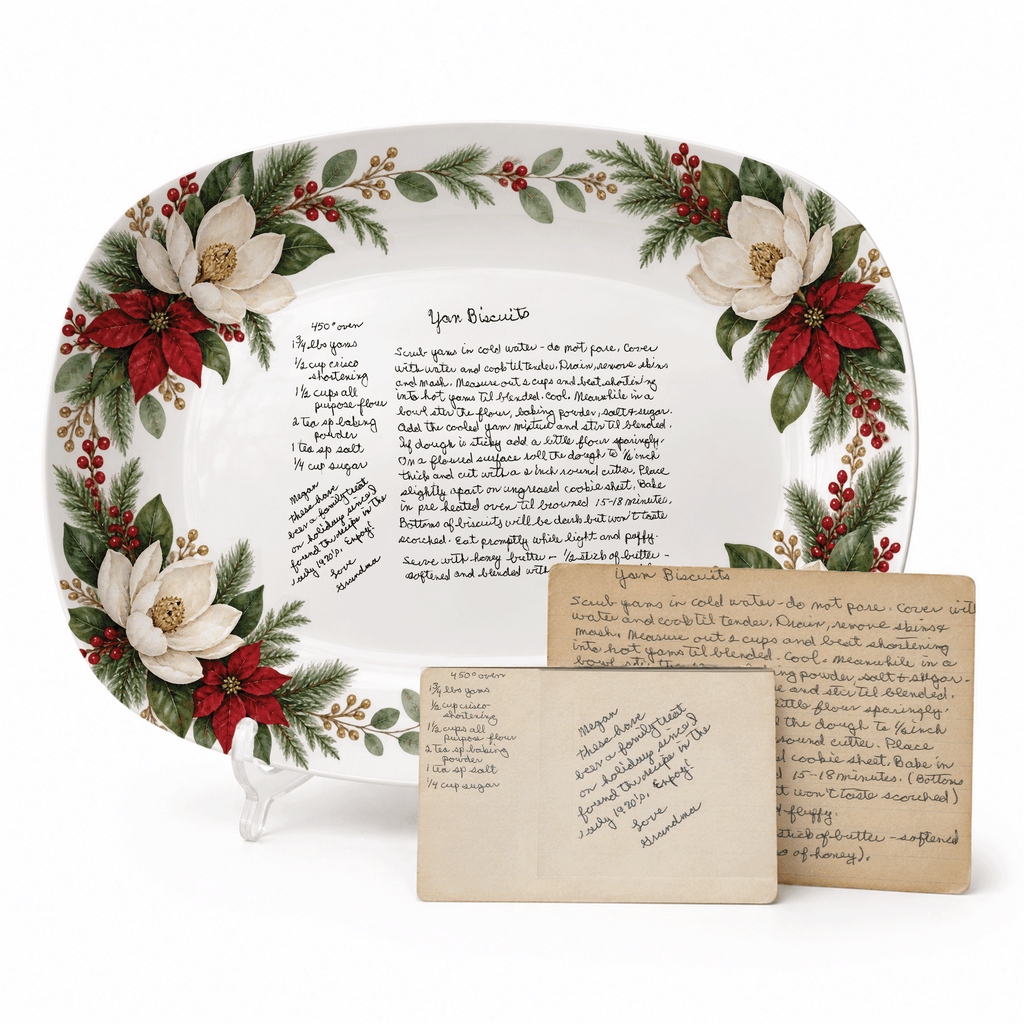 Handwritten Recipe Platter with Southern Holiday Magnolia Border