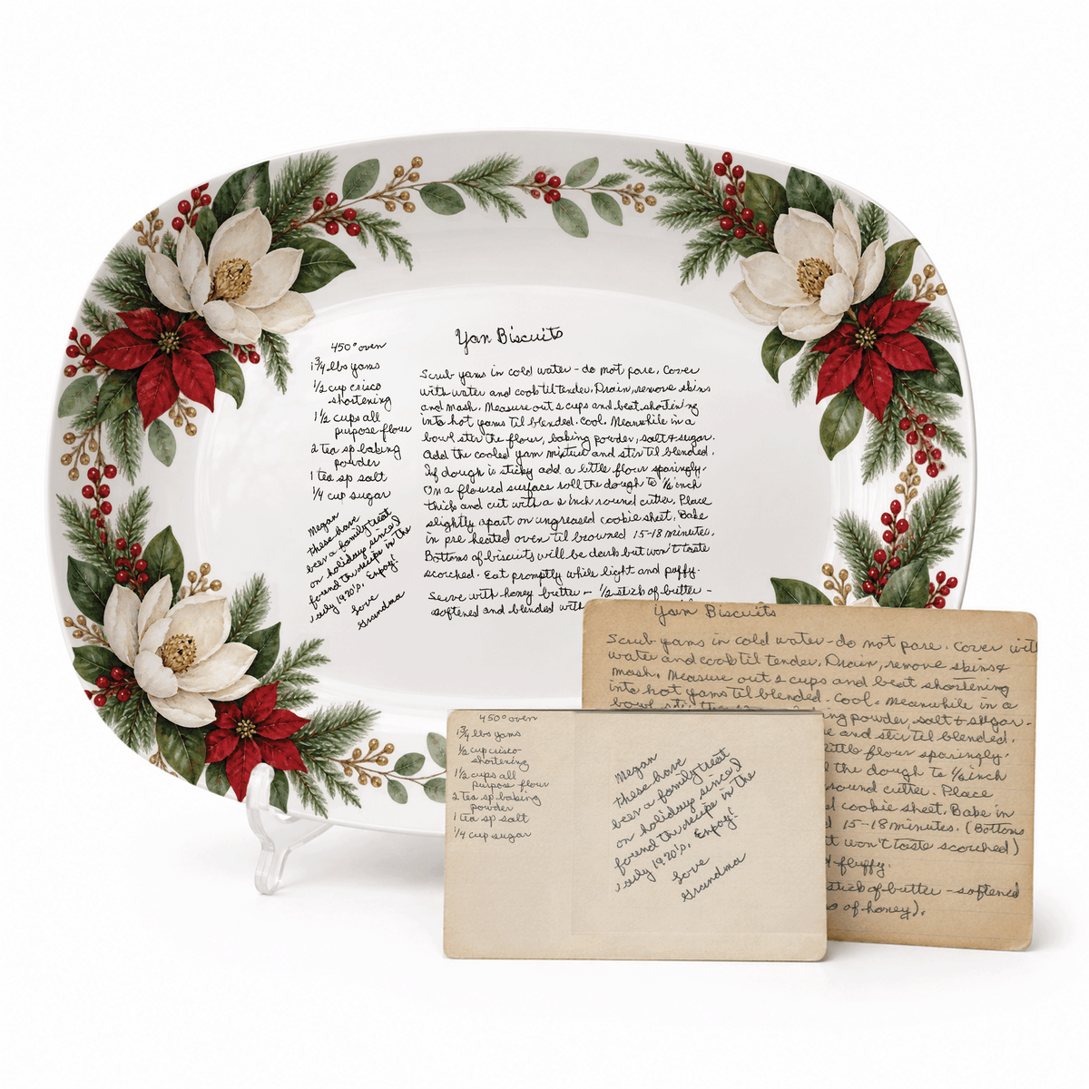 Handwritten Recipe Platter with Southern Holiday Magnolia Border