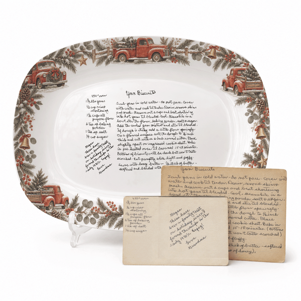 Handwritten Recipe Platter with Vintage Red Truck and Wreath Border
