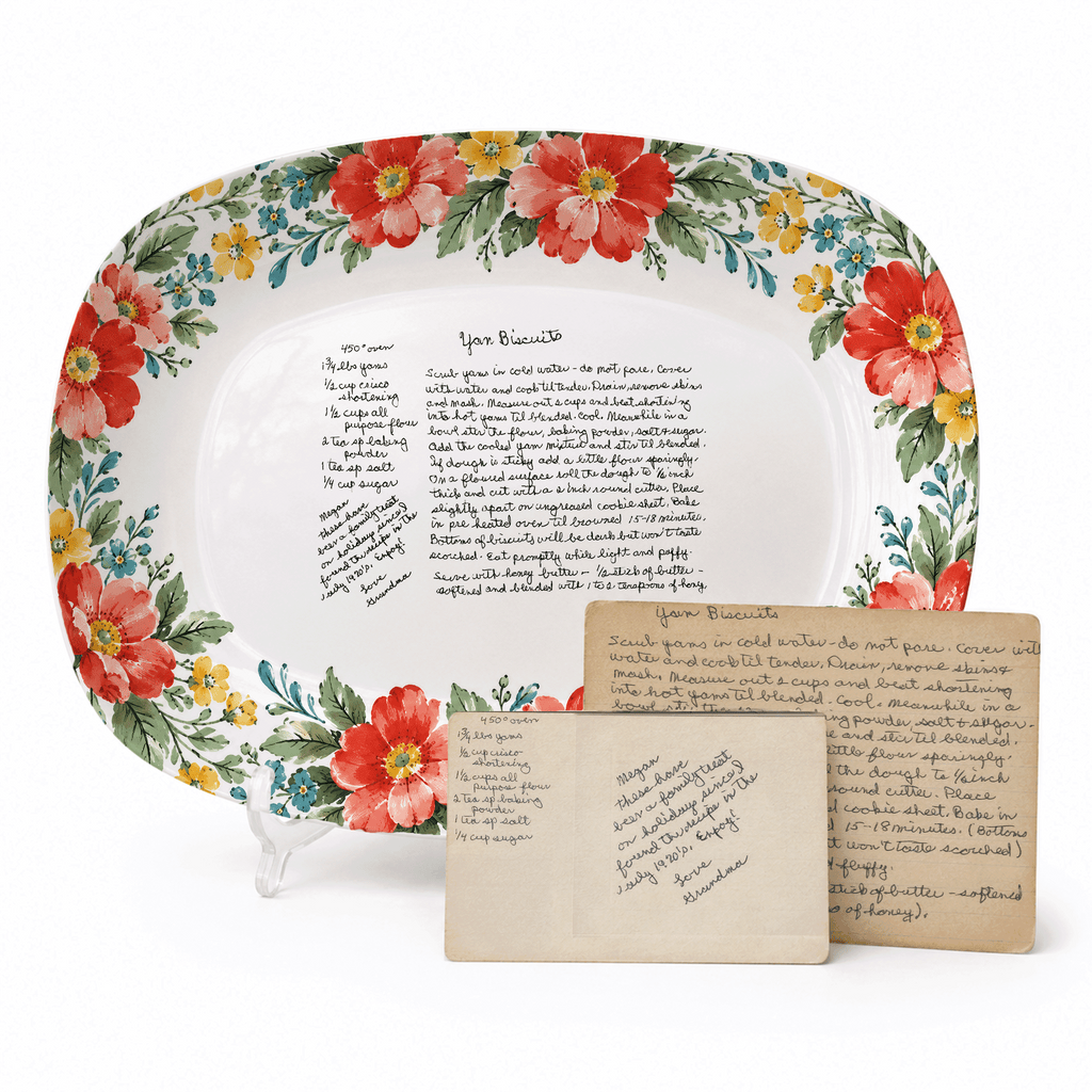 Handwritten Recipe Platter with Red and Teal Watercolor Flower Border