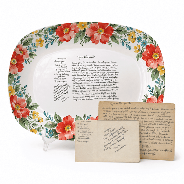 Handwritten Recipe Platter with Red and Teal Watercolor Flower Border