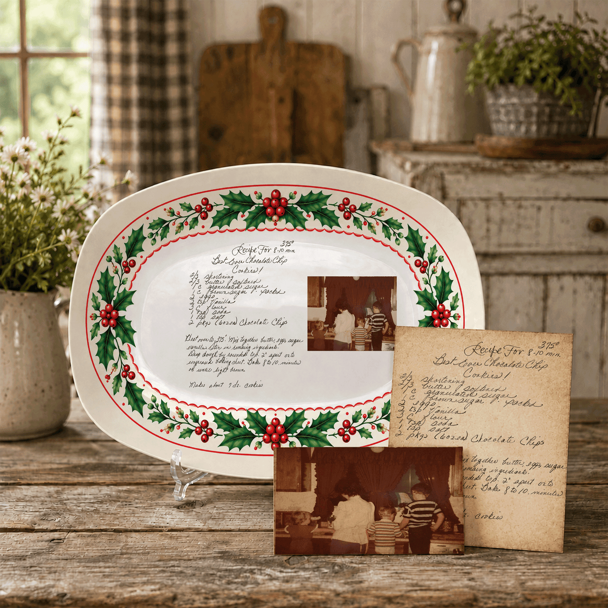 Handwritten Recipe Platter with Holly Border