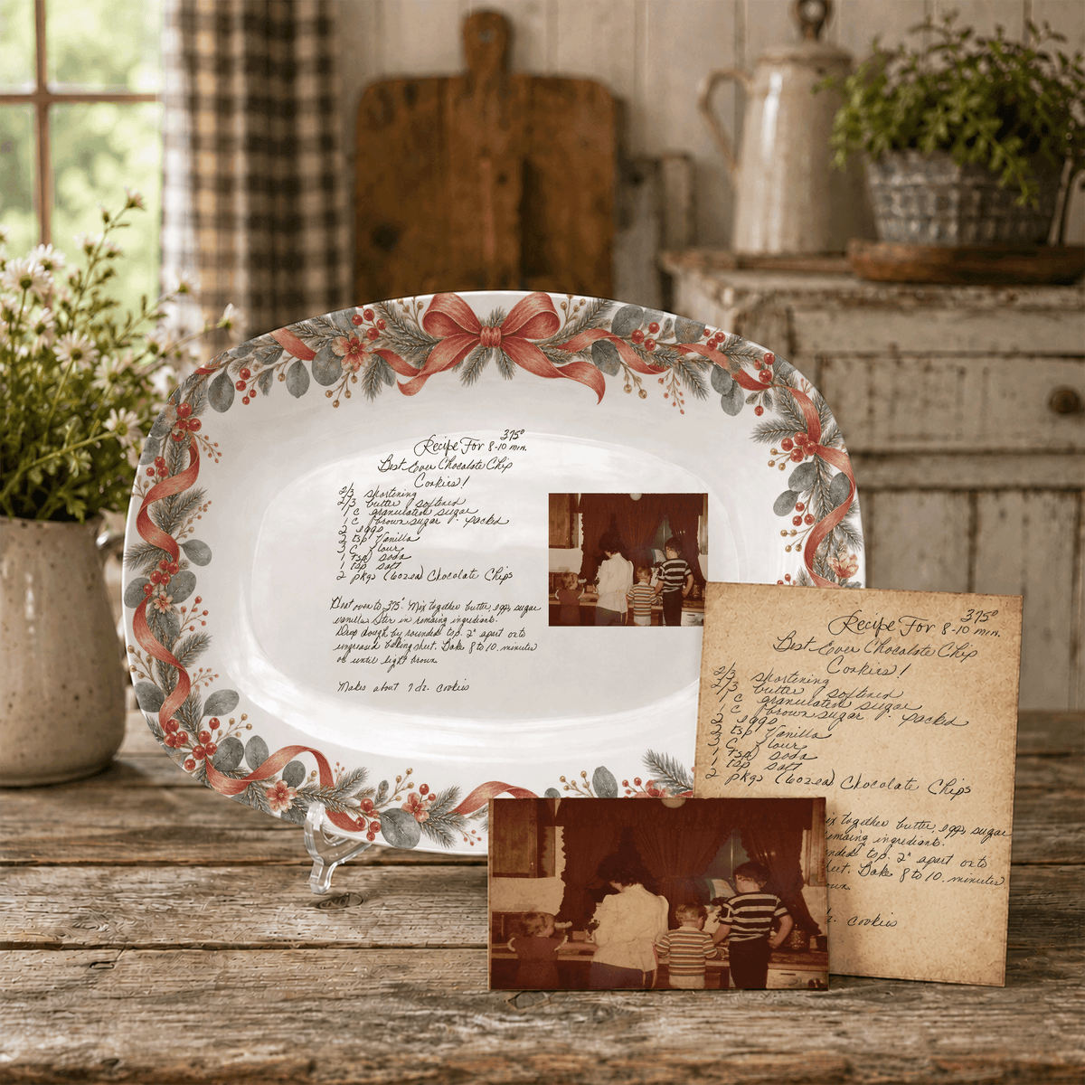 Handwritten Recipe Platter with Antique Red Bow Wreath Border
