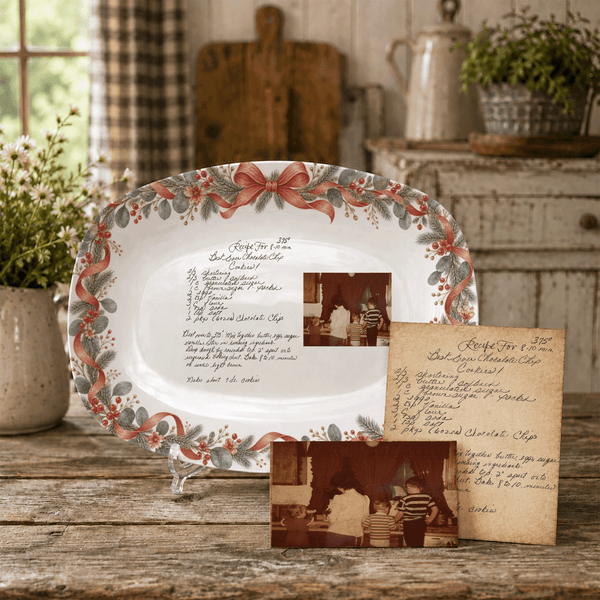 Handwritten Recipe Platter with Antique Red Bow Wreath Border