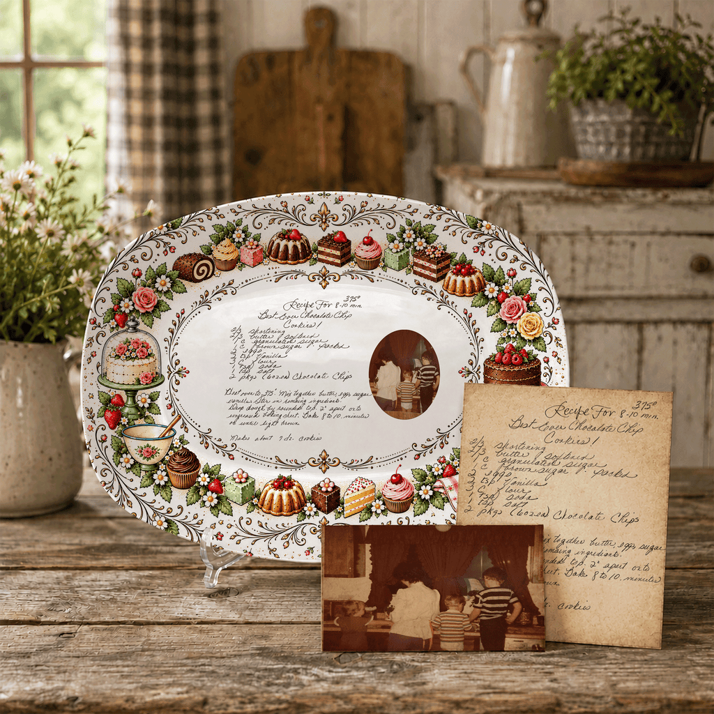 Handwritten Recipe Platter with Vintage Cake Border