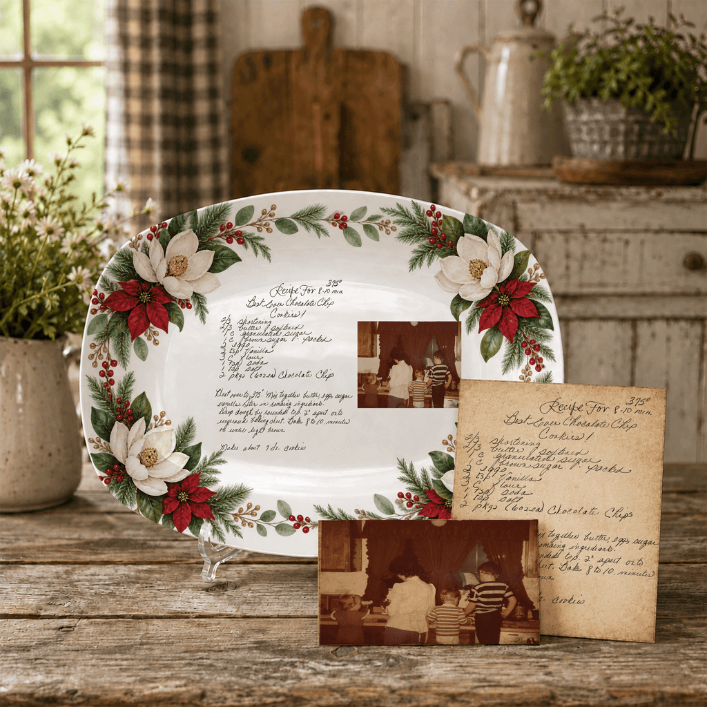 Handwritten Recipe Platter with Southern Holiday Magnolia Border