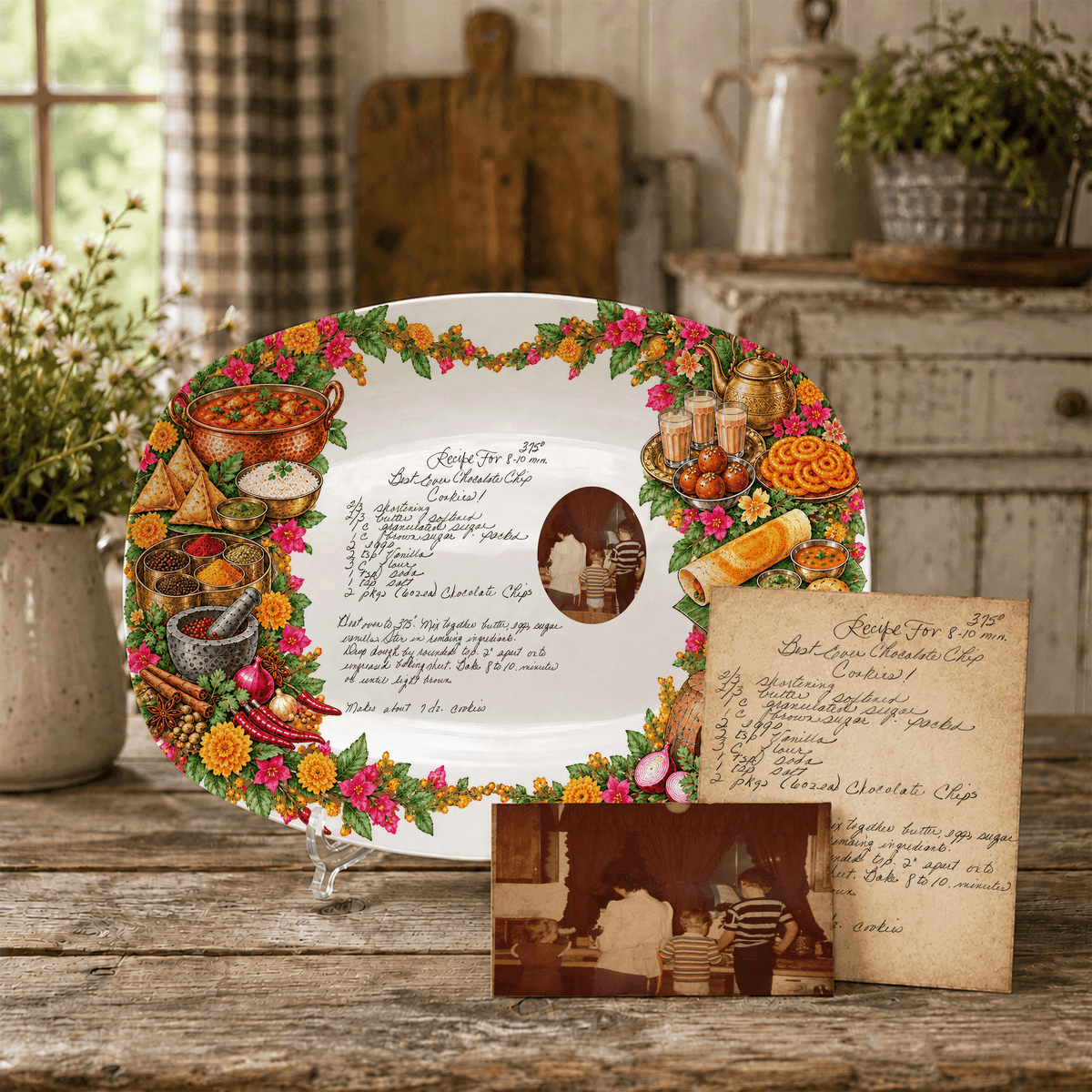 Handwritten Recipe Platter with Vintage Indian Food Border