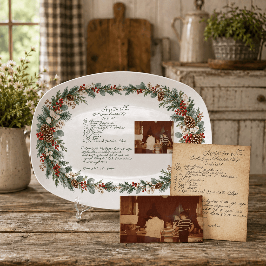 Handwritten Recipe Platter with Evergreen Pinecone & Berry Border