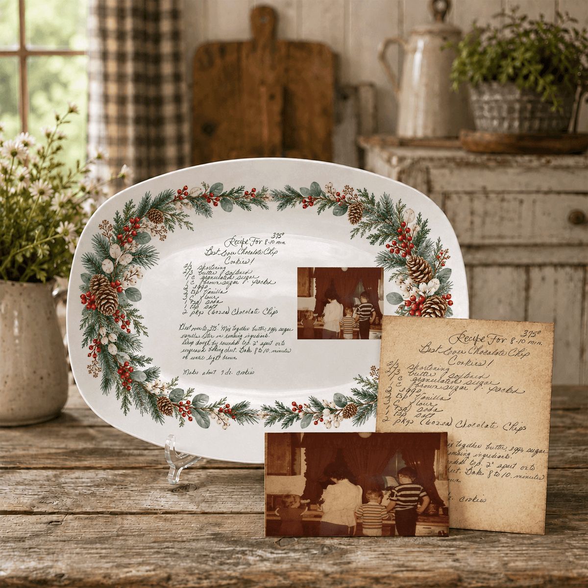 Handwritten Recipe Platter with Evergreen Pinecone & Berry Border